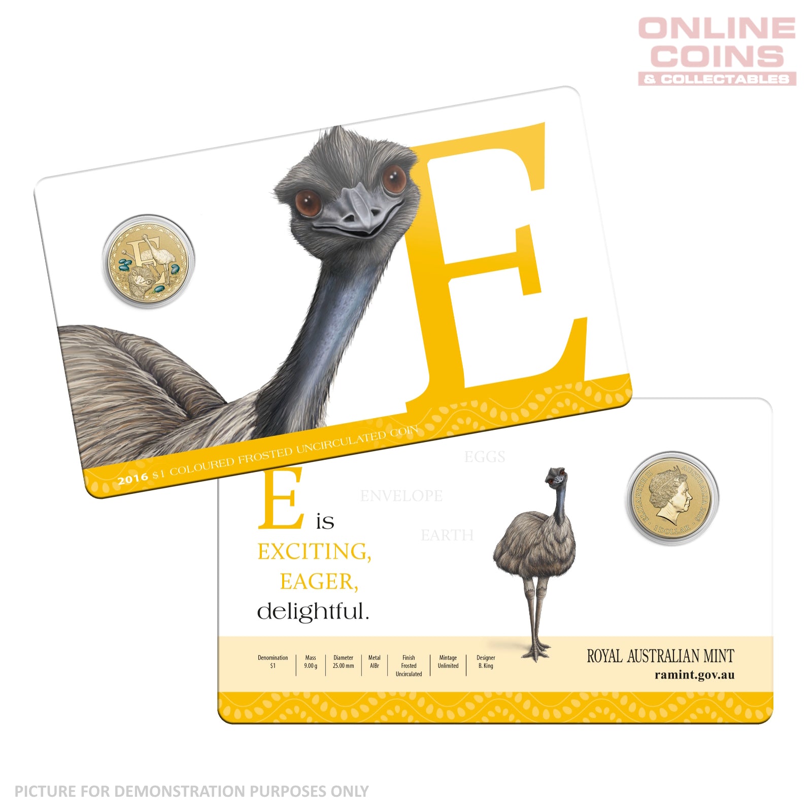 2016 $1 Coloured Alphabet Frosted Coin In Card - E For Emu